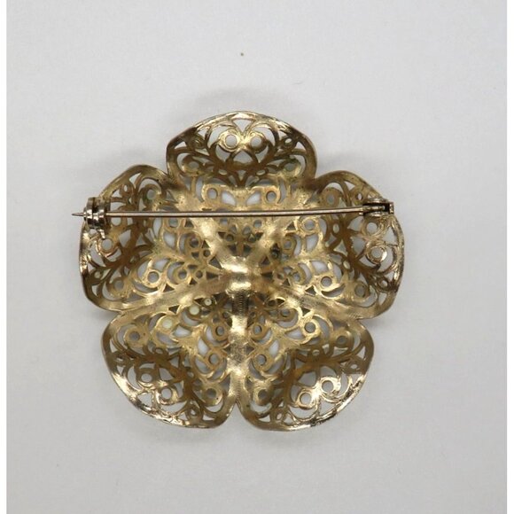 Vintage Flower Brooch 2" White Washed Filigree Gold Tone Metal Domed Petals - Picture 12 of 12